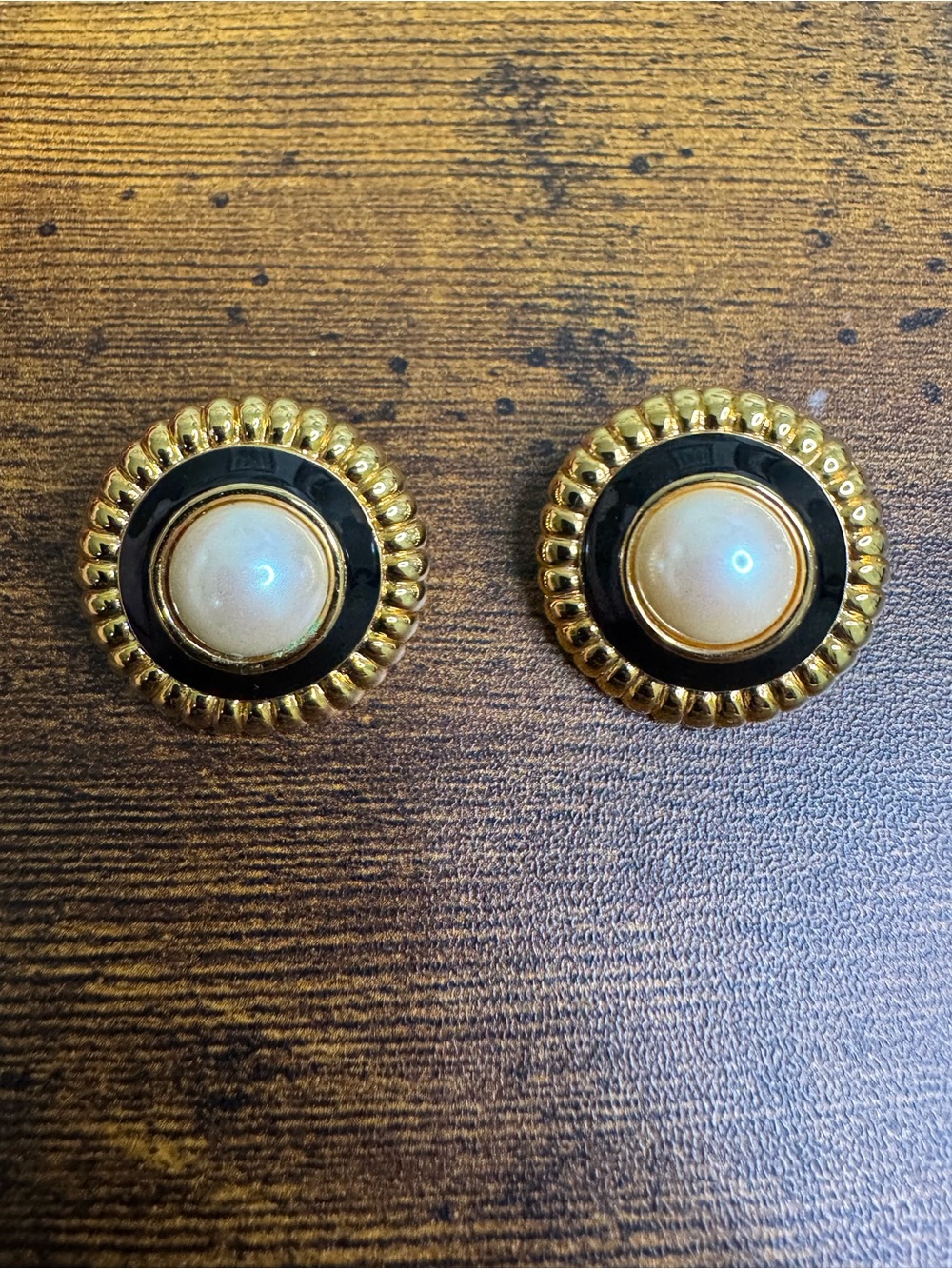 Monet Gold Plated Black Enamel Faux Pearl Post Earrings Corporate Chic Runway